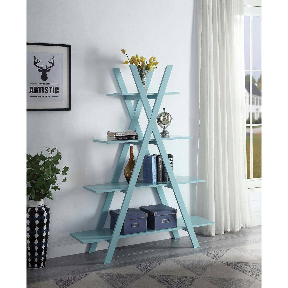 Contemporary White Wood Ladder Bookcase with 4 Open Tiers