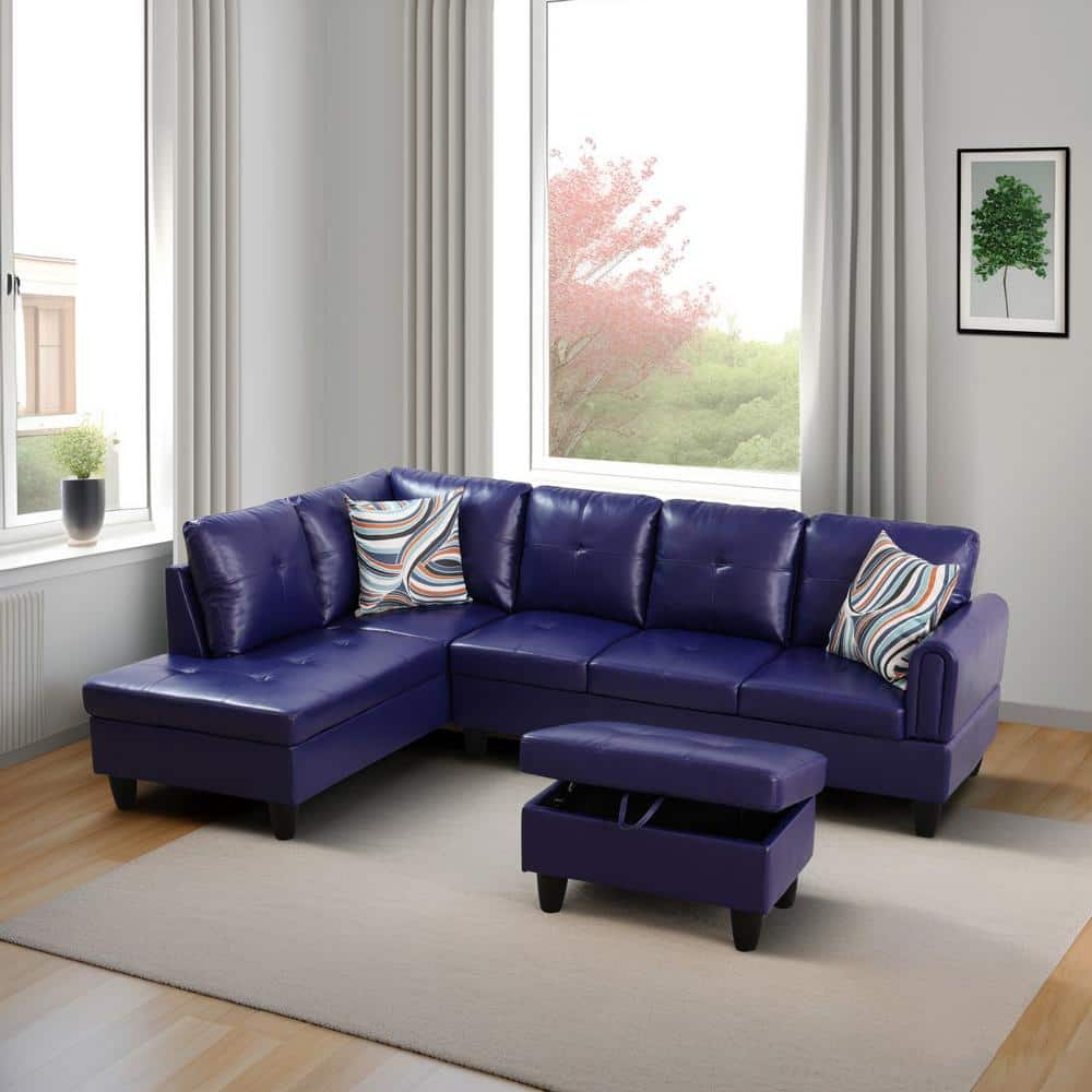 28.5 in. W Dark Blue Violet Faux Leather Rectangle Ottoman with Storage