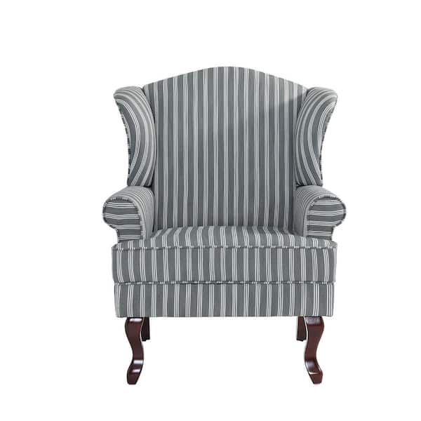 Mid-Century Retro Style Stripe Gray Linen Upholstered Wingback Arm Chair with Wooden Legs (Set of 1)