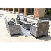 Irene Gray 5-Piece Wicker Patio Fire Pit Conversation Set with Gray Cushions