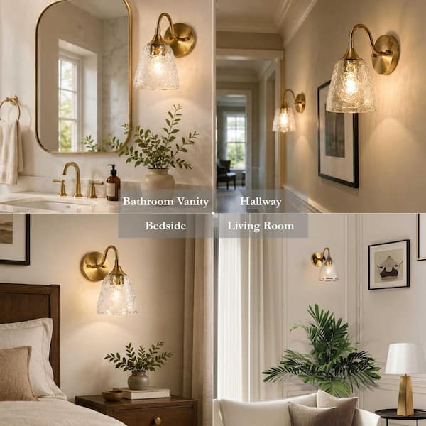 Aurabe Modern Plated Brass Damp-rated Bell Bedroom Wall Sconce 1-Light Bathroom Vanity Light with Rippled Glass Shade