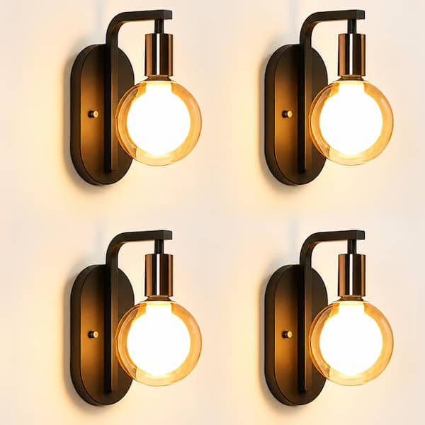 Modern Matte Black Vanity Wall Sconce with Brass Electroplated Globe Glass LED Bulb(4-Pack)