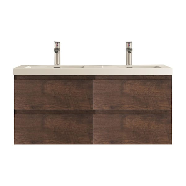 Angela 48 in. Double Rose Wood Bath Vanity Wall-mounted Floating Vanities with Gloss White Resin Stone Top 4 Drawers