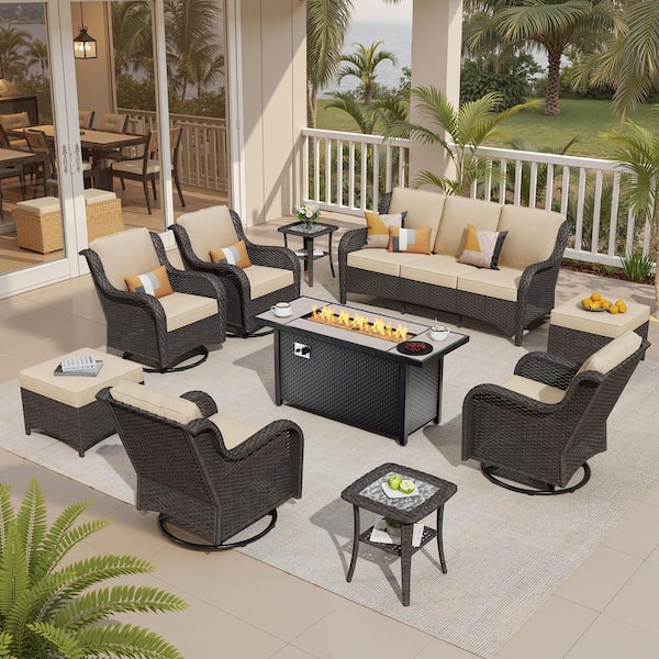 Garnet 10-Piece Wicker Outdoor Fire Pit Patio Conversation Sofa Set with Swivel Rocking Chairs and Beige Cushions