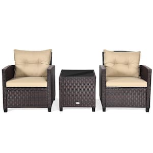3-Piece Steel PE Wicker Outdoor Sofa Set Patio Conversation Set with Brown Cushions
