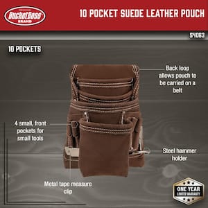 10 Pocket Suede Leather Work Tool Belt Pouch with Steel Hammer Loop and Tape Measure Holder