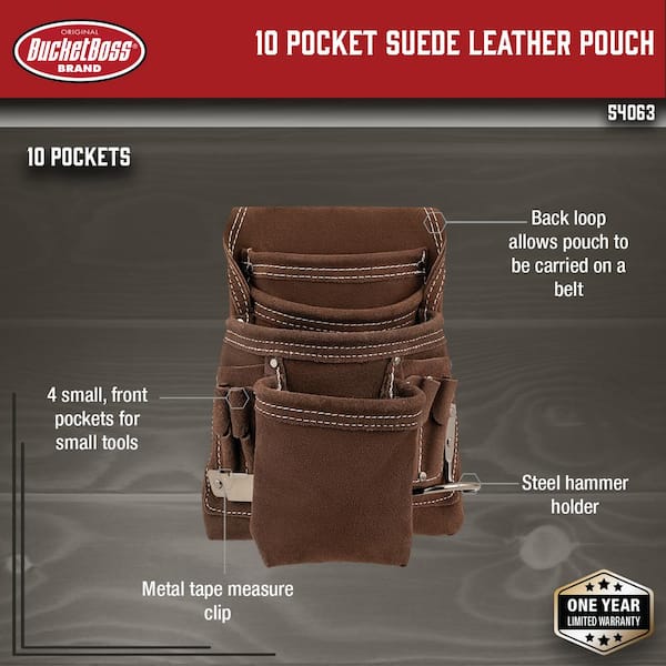 10 Pocket Suede Leather Work Tool Belt Pouch with Steel Hammer Loop and Tape Measure Holder