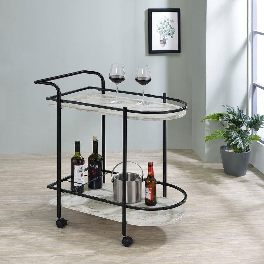 Black and White Faux Marble Rectangular Bar Cart with Wine Rack