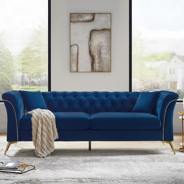 Taina Glam Style 87.25 in. Padded Arms Velvet Rectangular Sofa with Button Tuft in Navy