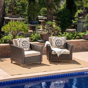 Mixed Brown Aluminum-Framed Faux Rattan Outdoor Lounge Chairs with Mixed Beige Cushion (2-Pack)