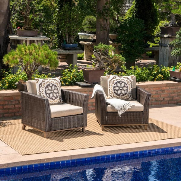 Noble House Mixed Brown Aluminum-Framed Faux Rattan Outdoor Lounge Chairs with Mixed Beige Cushion (2-Pack)