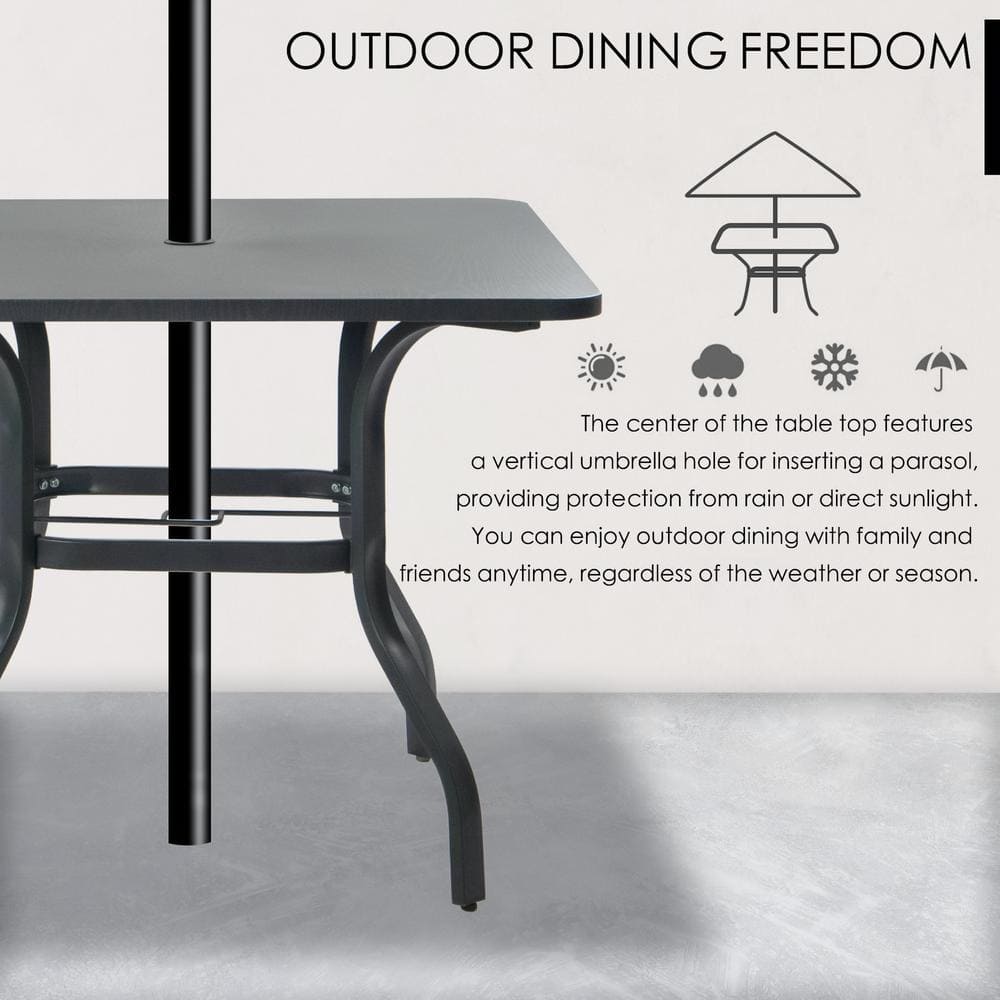 Square Metal Patio Dining Table with Woodgrain Top and Umbrella Hole