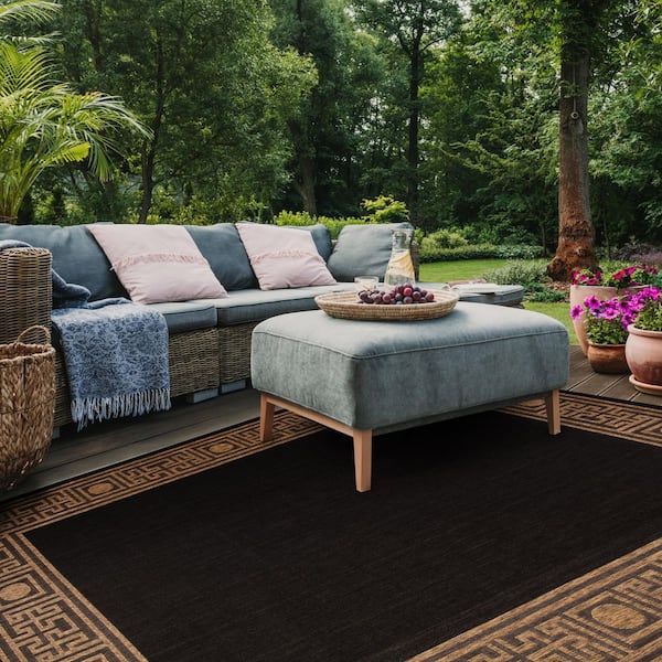 Courtyard Black/Coffee 7 ft. x 7 ft. Square Geometric Indoor/Outdoor Patio  Area Rug