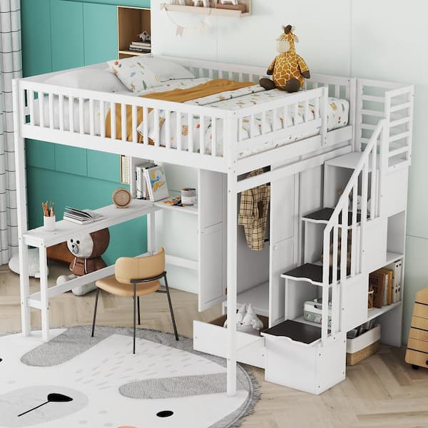Harper & Bright Designs White Full Size Wood Loft Bed with Wardrobe, Built-in Desk, Multiple Shelves, Drawers and Storage Staircase