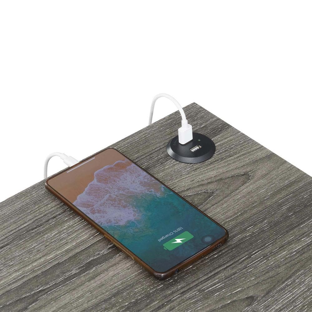Weathered Gray and Black Metal End Table with USB Charging Station