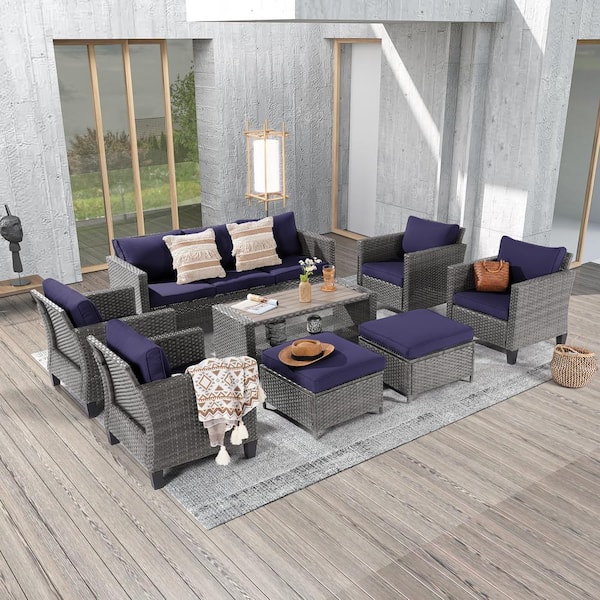 JOYESERY 8-Piece Gray Wicker Outdoor Seating Sofa Set with Ottomans and Coffee Table, Thickening Navy Blue Cushions