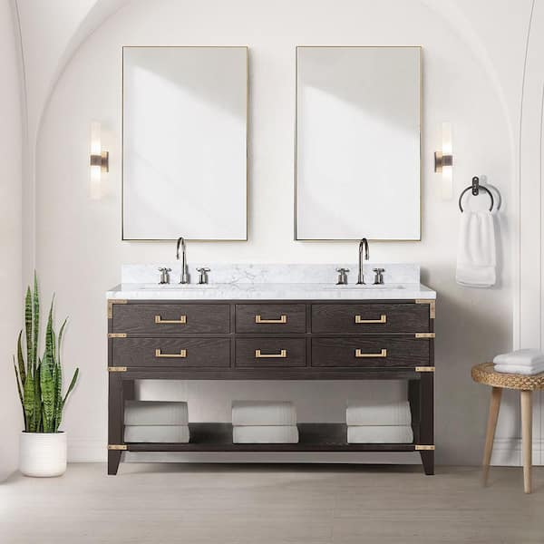 Irvington 60 in W x 22 in D Brown Oak Double Bath Vanity and Carrara Marble Top