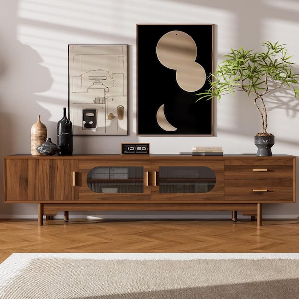 78 in. Walnut Modern TV Stand Fits TVs up to 85 in. with Fluted Glass Doors & Solid Wood Legs for Living Room