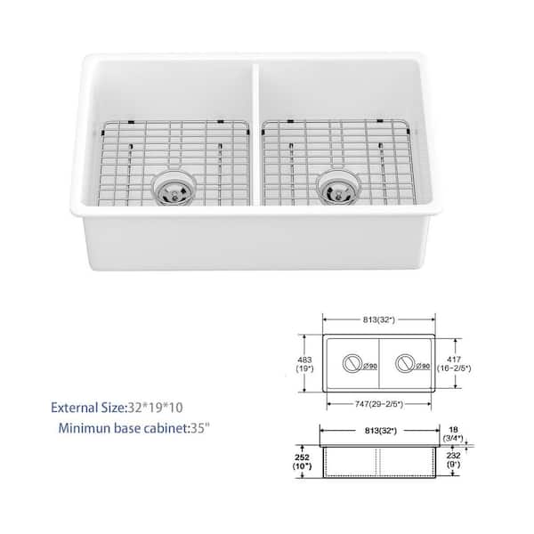 LOMC 32 in. L x 19 in. W Undermount Double Bowl Ceramic Kitchen Sink with Steel Dish Grid and Strainer