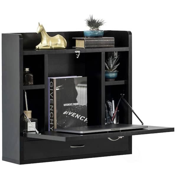 6.75 in. Rectangular Black Wood One Drawer Laptop Writing Computer or Makeup Desk Wall Mount Folding