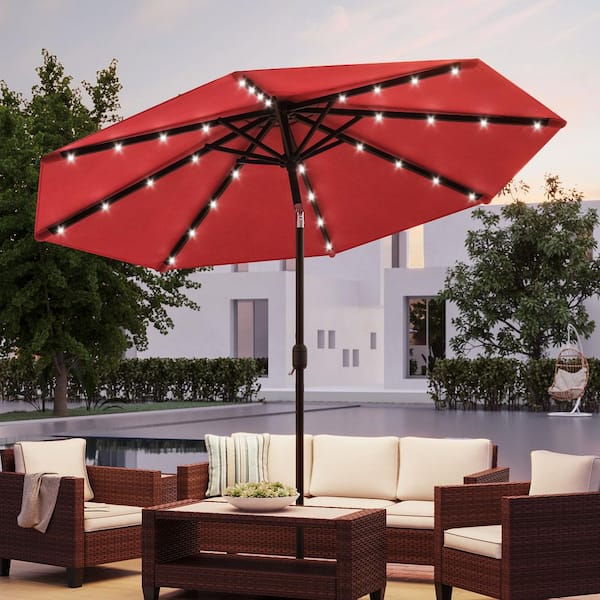 10 ft. Steel Solar Market Patio Umbrella Outdoor Table Umbrella With Tilt Button in Chili Red
