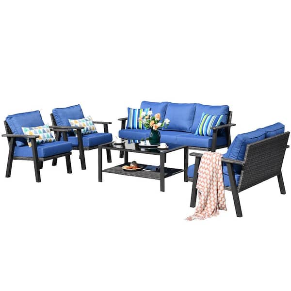 Overgang Zaklampen eiwit HOOOWOOO Walden Grey 5-Piece Wicker Metal Outdoor Patio Conversation Sofa  Set with a Coffee Table and Sky Blue Cushions HWL505BL - The Home Depot