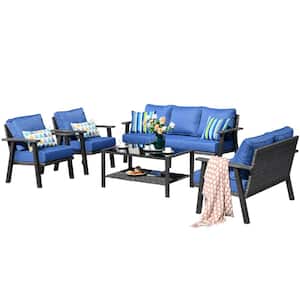 Walden Grey 5-Piece Wicker Metal Outdoor Patio Conversation Sofa Set with a Coffee Table and Sky Blue Cushions