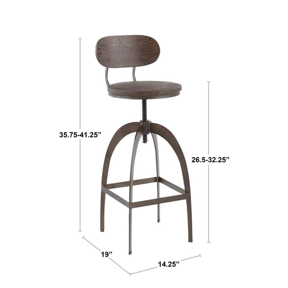Dakota Industrial Espresso Wood and Antique Metal Adjustable Swivel Barstool