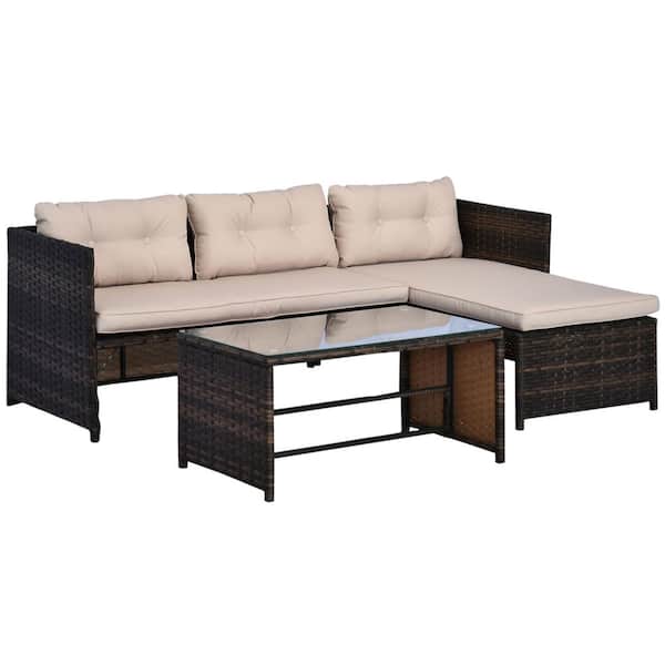 Tatayosi 3-Piece Patio Furniture Set, Wicker L-Shape Sectional Sofa Set with Beige Soft Cushions, Tempered Glass Table