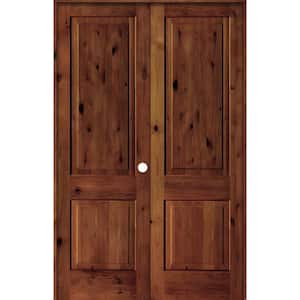56 in. x 96 in. Rustic Knotty Alder 2-Panel Square Top Left-Handed Red Chestnut Stain Wood Prehung Interior Double Door