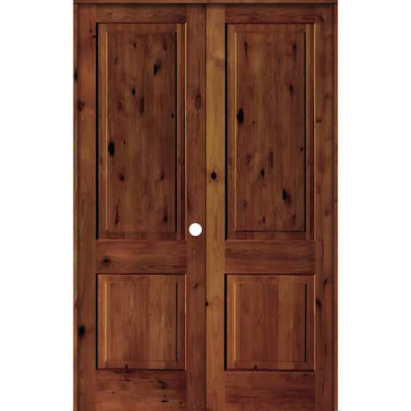 Krosswood Doors 56 in. x 96 in. Rustic Knotty Alder 2-Panel Square Top Left-Handed Red Chestnut Stain Wood Prehung Interior Double Door