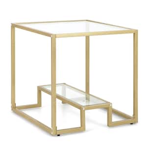 22 in. Gold 2-Tier Square Glass Top Sofa Side Table End Table Metal Frame for Living Room Bedroom