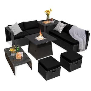 9-Piece Wicker Furniture Patio Conversation Set Fire Pit Space- Sving with Cover Black Cushion Cover