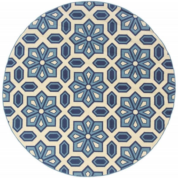 Ivory, Blue 8 ft. x 8 ft. Loomed Polypropylene Round Indoor/Outdoor Area Rug