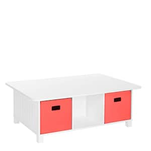 White Rectangular Kids Desk, Activity and Play Table with 6-Storage Cubbies with 2-Coral Fabric Bins