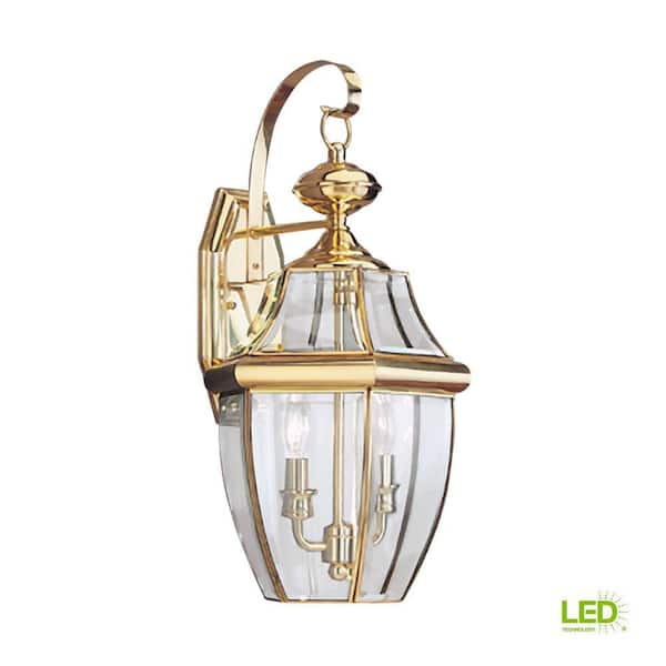 Generation Lighting - Lancaster 2-Light Polished Brass Outdoor 20.5 in. Wall Lantern Sconce with Dimmable Candelabra LED Bulb