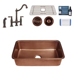Orwell 30 in. Undermount Single Bowl 16 Gauge Antique Copper Kitchen Sink with Courant Bridge Faucet Kit