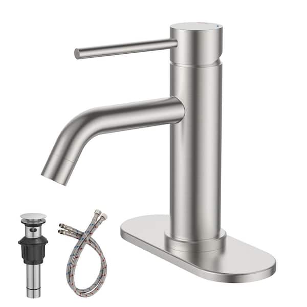 Single Handle Mid-Arc Bathroom Faucet with Deckplate and Pop Up Drain in Brushed Nickel