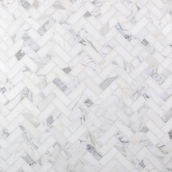 Ivy Hill Tile Calacatta Herringbone 11.87 in. x 13.44 in. x 10.5 mm Marble Mosaic