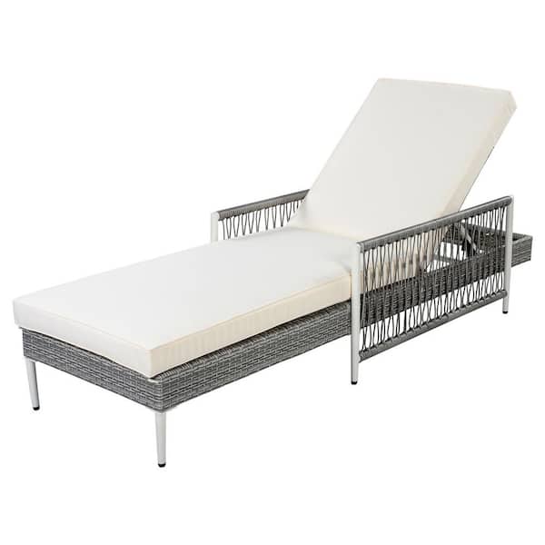 Gray 1-Piece Wicker Outdoor Chaise Lounge with Gray Cushions Durable Construction Easy to Install