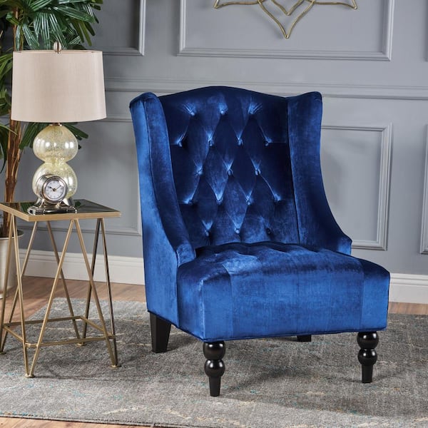 Noble House Toddman Navy Blue New Velvet High-Back Club Chair