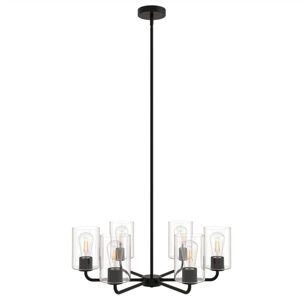 YANSUN 6-Light Black Transitional Chandelier with Glass Shade for