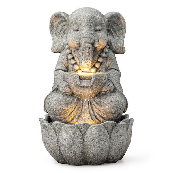 Glitzhome 21.75 in. H Outdoor 2-Tiered Zen-Style Concrete Elephant Polyresin Water Floor Fountain with Pump and LED Light
