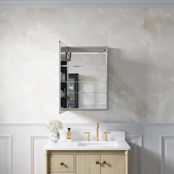 20 in.W x 30 in.H Rectangular Silver Recessed/Surface Left LED Medicine Cabinet with Mirror,Dimmer,Outlets ,USB,Defogger