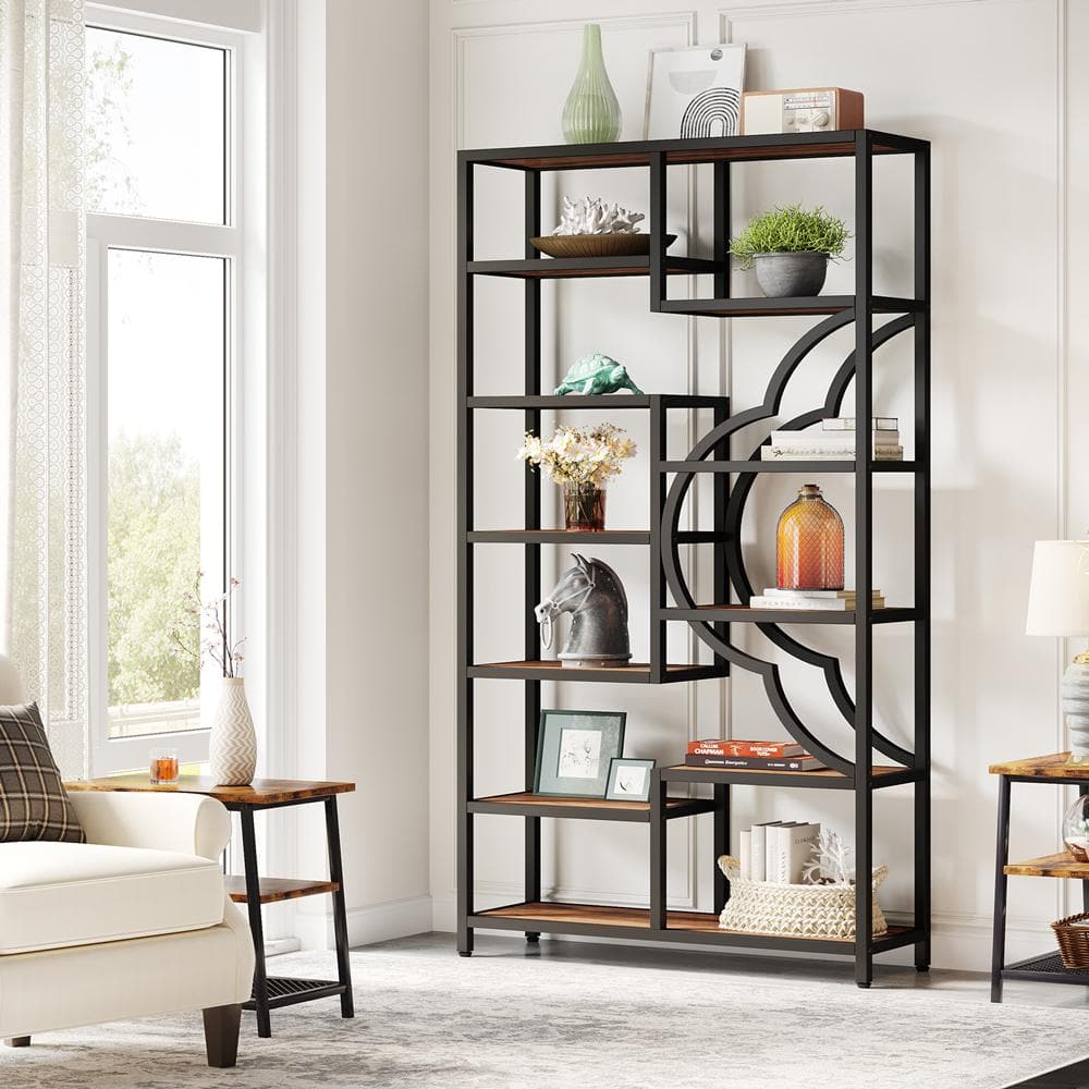 BYBLIGHT Eulas 74.8 in. Tall Brown Wood 11-Shelf Etagere Bookcase ...