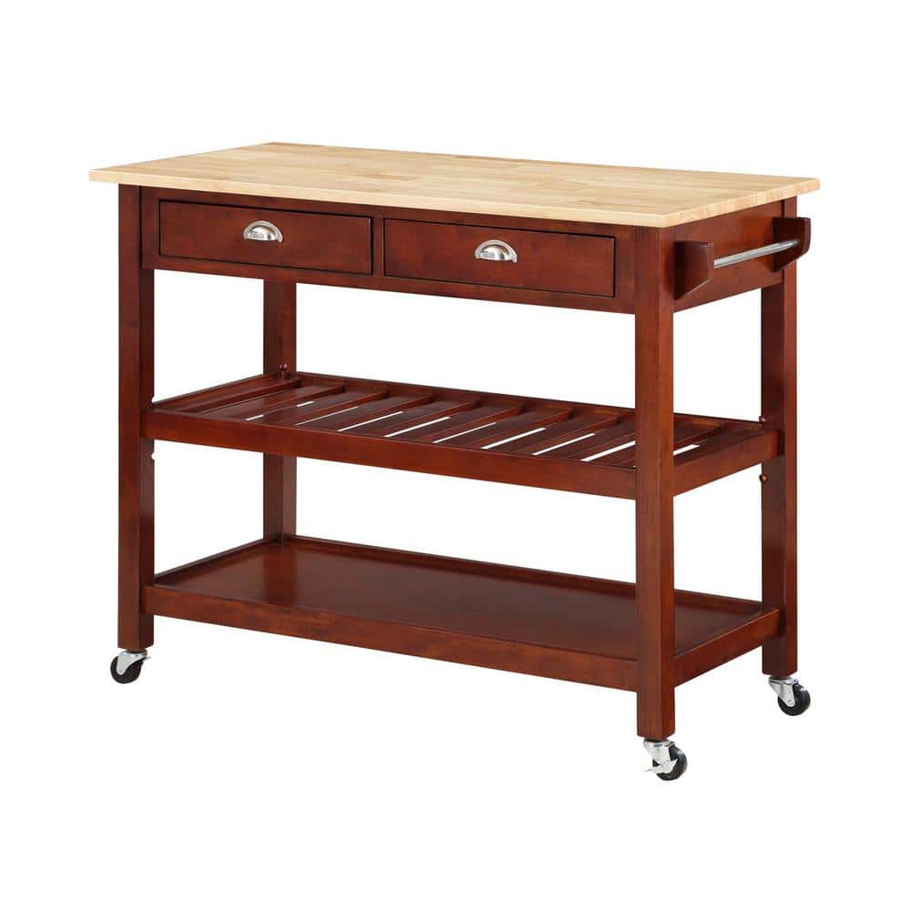 Mahogany Butcher Block Kitchen Cart with Wine Rack and Storage