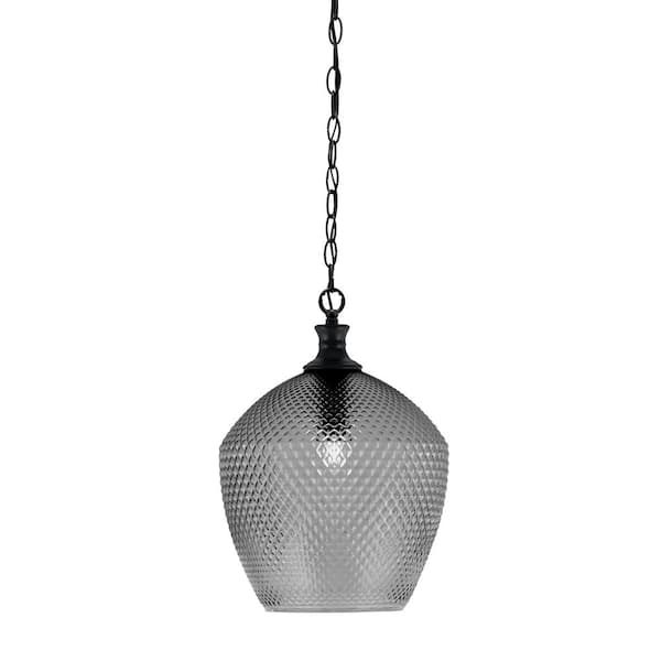 Unbranded Tyler 60-Watt 1-Light Matte Black Chain Mini Pendant Light with Smoke Textured Glass Shade