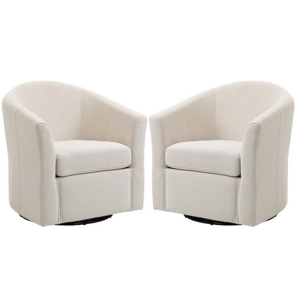 Uixe Beige Linen Upholstered 360° Swivel Accent Barrel Chair with Metal Base(Set of 2)