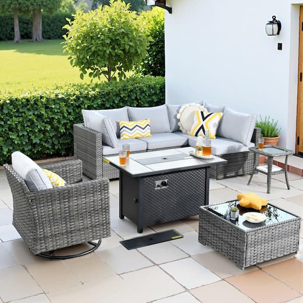 HOOOWOOO Messi Gray 8-Piece Wicker Outdoor Patio Conversation Sofa Fire Pit Set with a Swivel Chair and Light Gray Cushions