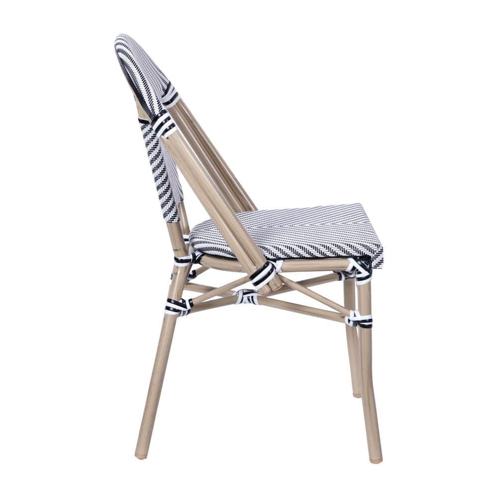 Black and White Armless French Bistro Stacking Chair with Metal Frame